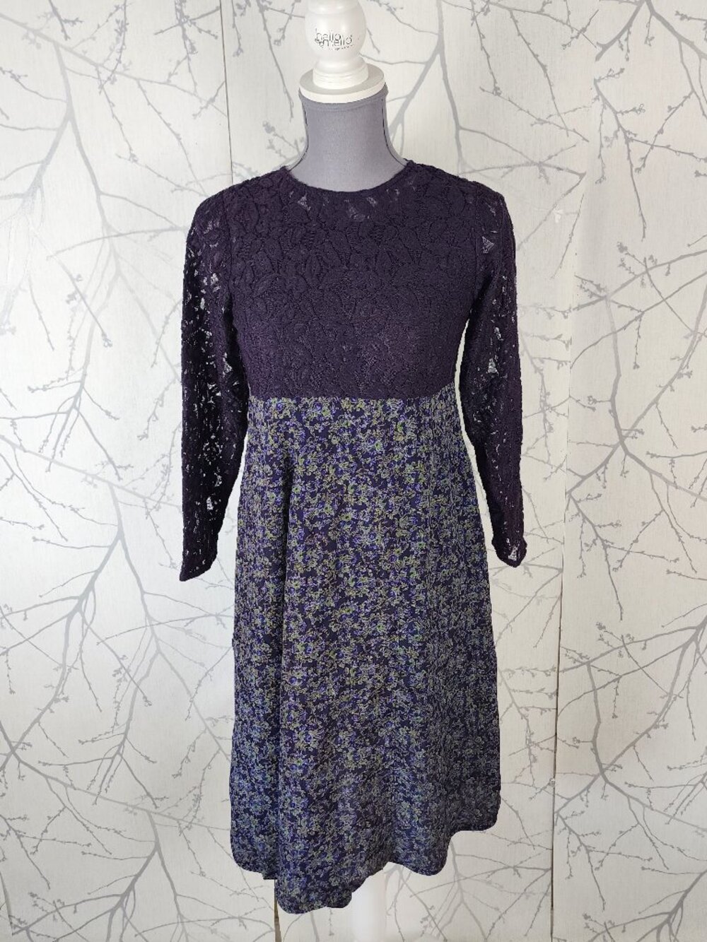 April Cornell Cornelloki Purple Lace Overlay Empire Waist Dress